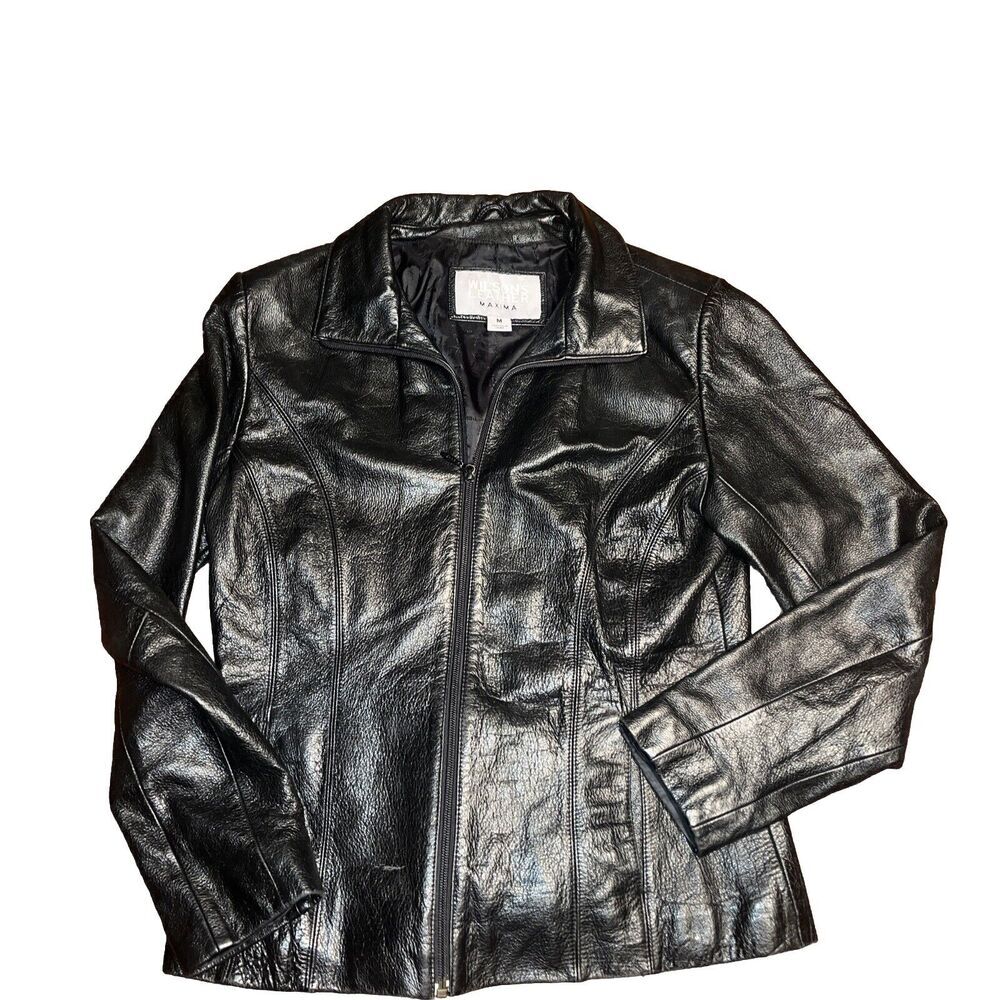Wilsons Leather Jacket Womens M Black Full Zip Maxima Vintage